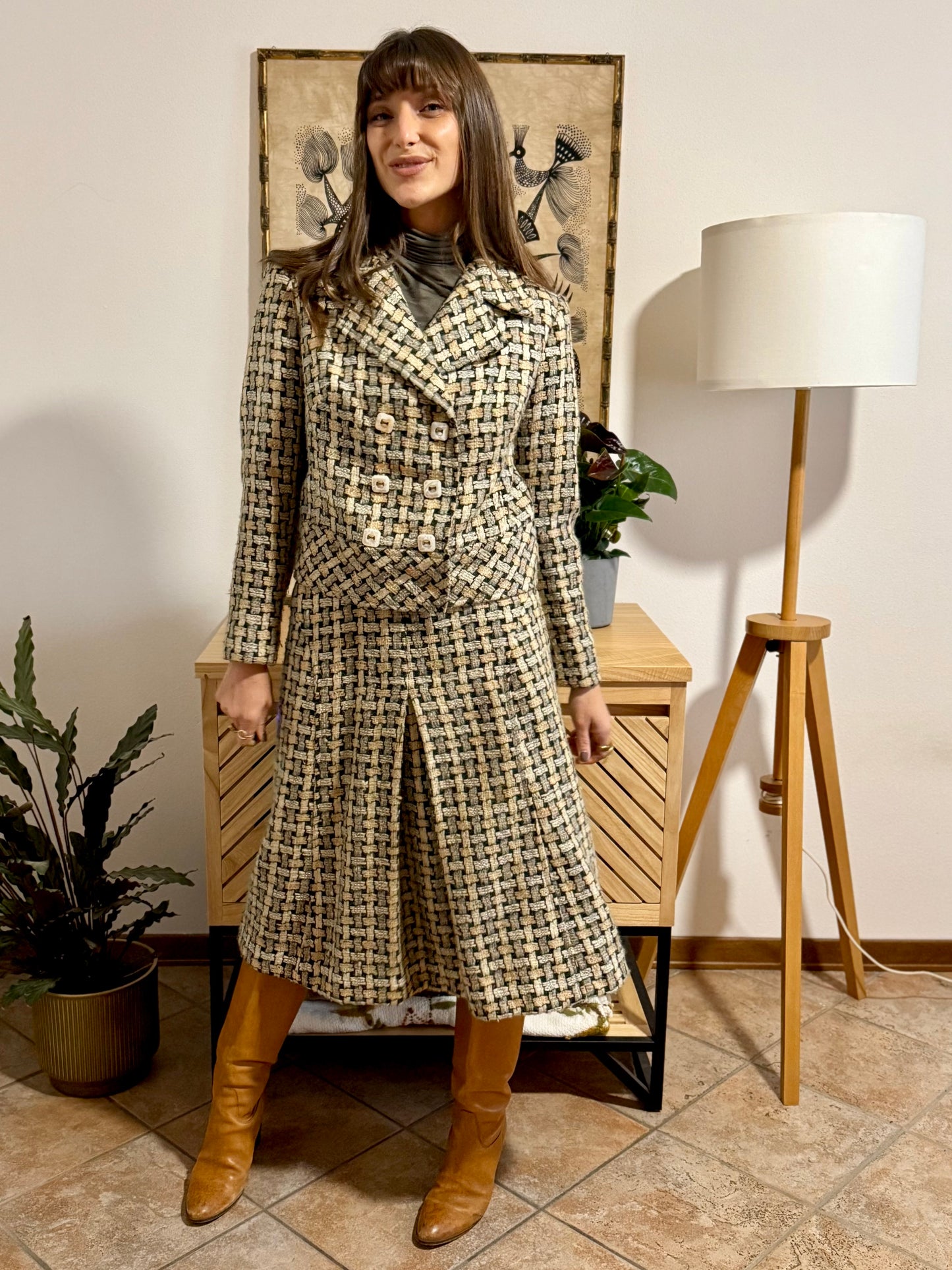 1960's vintage military green and cream tweed wool plaid blazer and skirt set