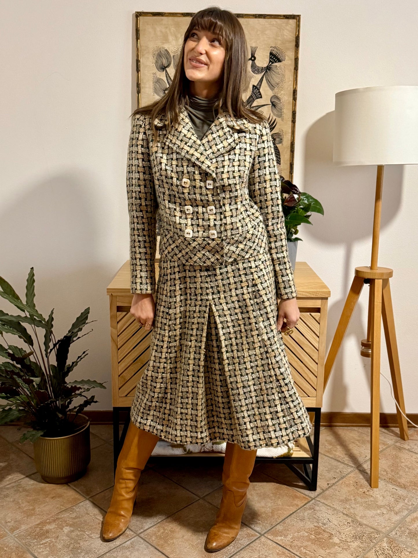 1960's vintage military green and cream tweed wool plaid blazer and skirt set