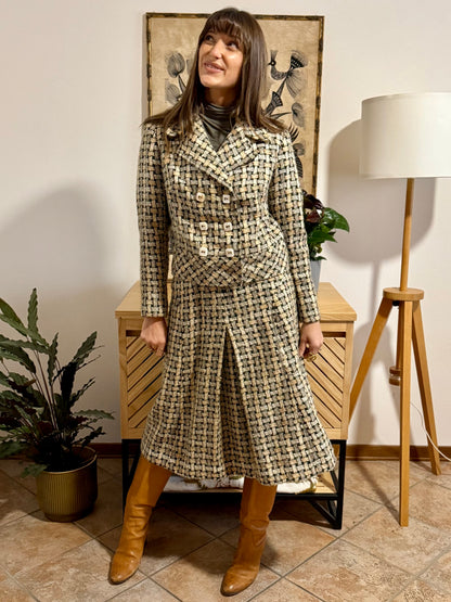 1960's vintage military green and cream tweed wool plaid blazer and skirt set