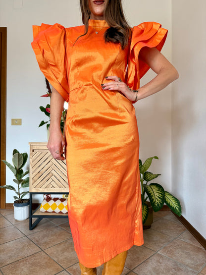 Y2k vintage orange iridescent ruffle sleeve tailored midi dress