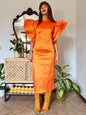 Y2k vintage orange iridescent ruffle sleeve tailored midi dress