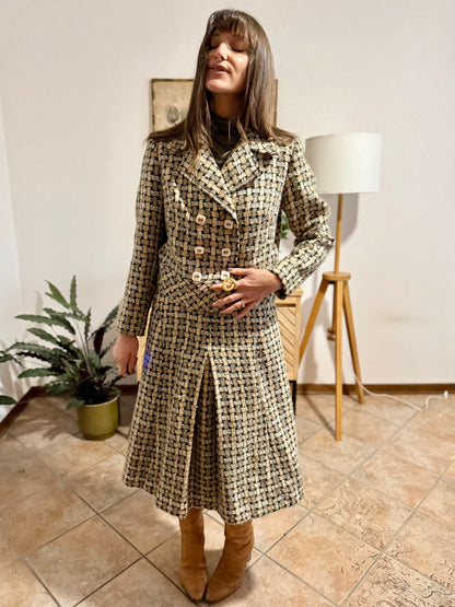 1960's vintage military green and cream tweed wool plaid blazer and skirt set