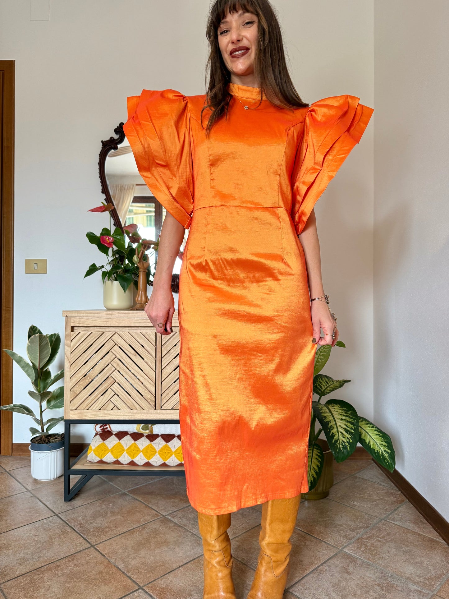 Y2k vintage orange iridescent ruffle sleeve tailored midi dress