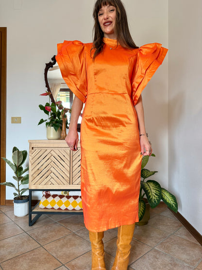 Y2k vintage orange iridescent ruffle sleeve tailored midi dress