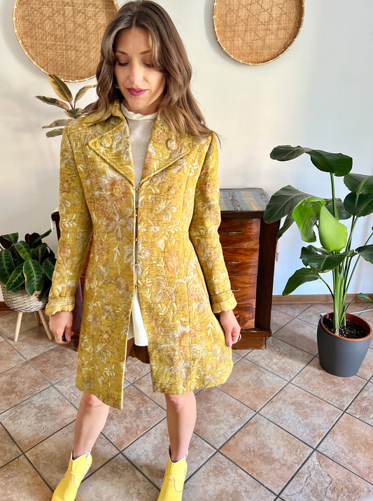 Y2k yellow brocade coat with pink and lilac floral weave
