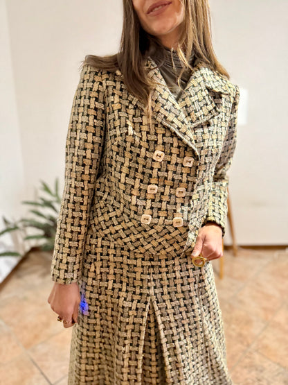 1960's vintage military green and cream tweed wool plaid blazer and skirt set