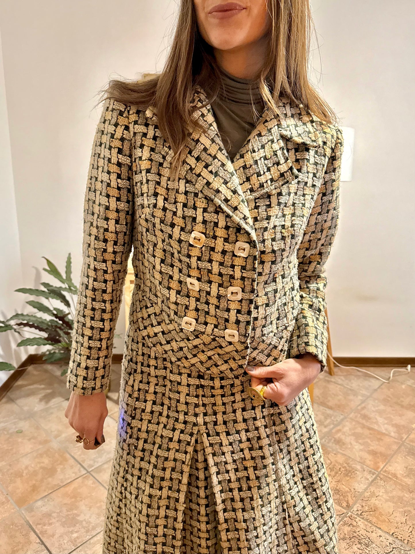 1960's vintage military green and cream tweed wool plaid blazer and skirt set