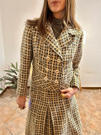 1960's vintage military green and cream tweed wool plaid blazer and skirt set