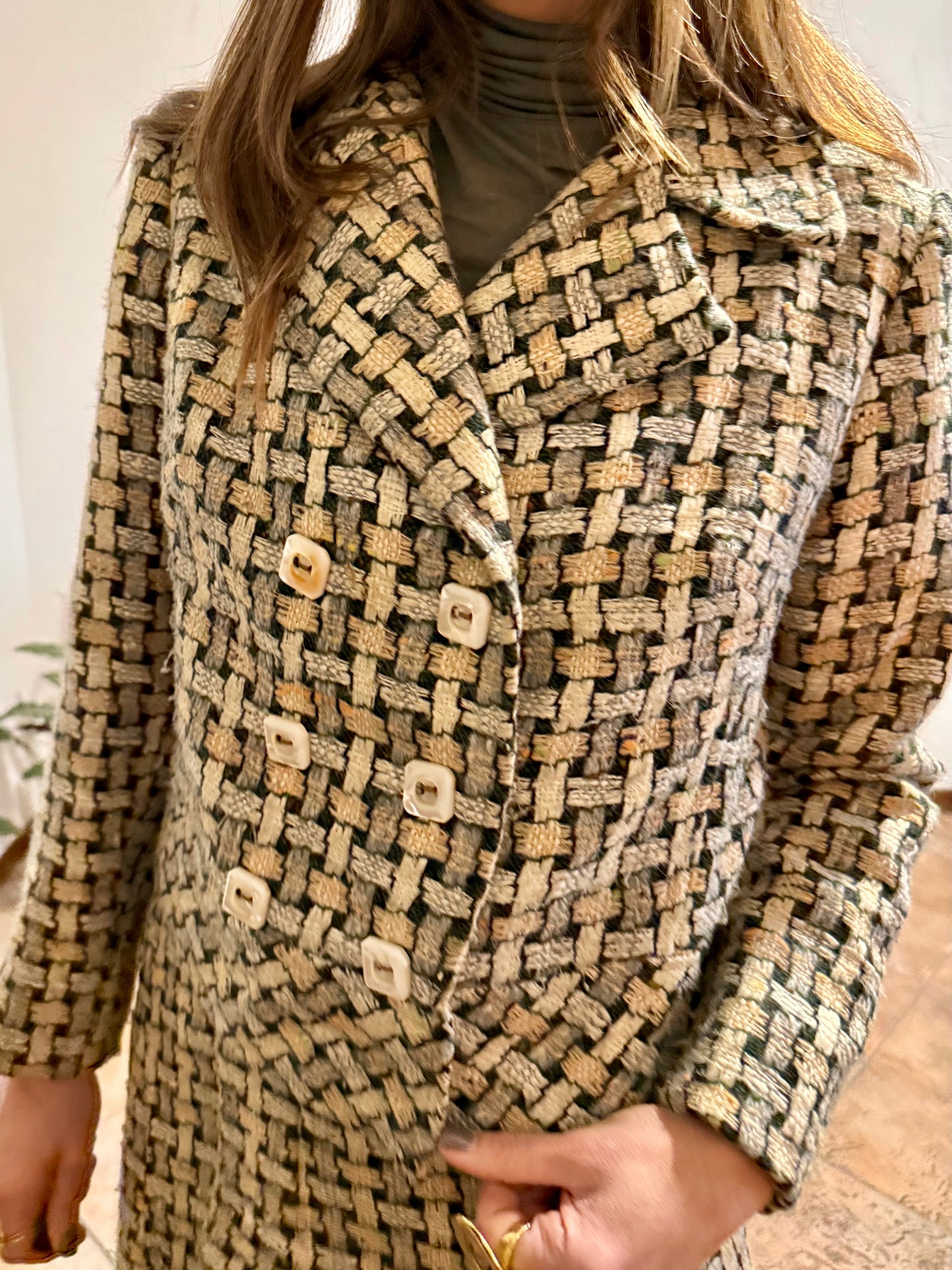 1960's vintage military green and cream tweed wool plaid blazer and skirt set