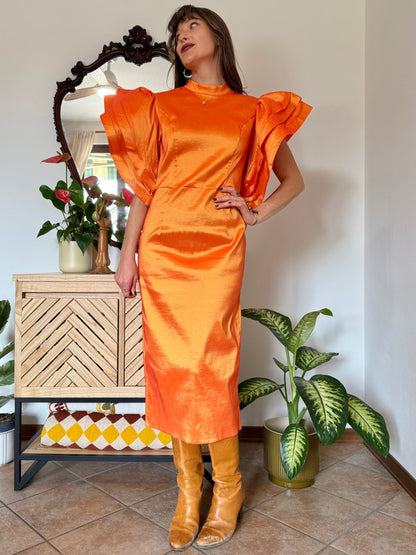 Y2k vintage orange iridescent ruffle sleeve tailored midi dress