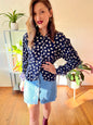 1970's vintage navy blue blouse with hat print