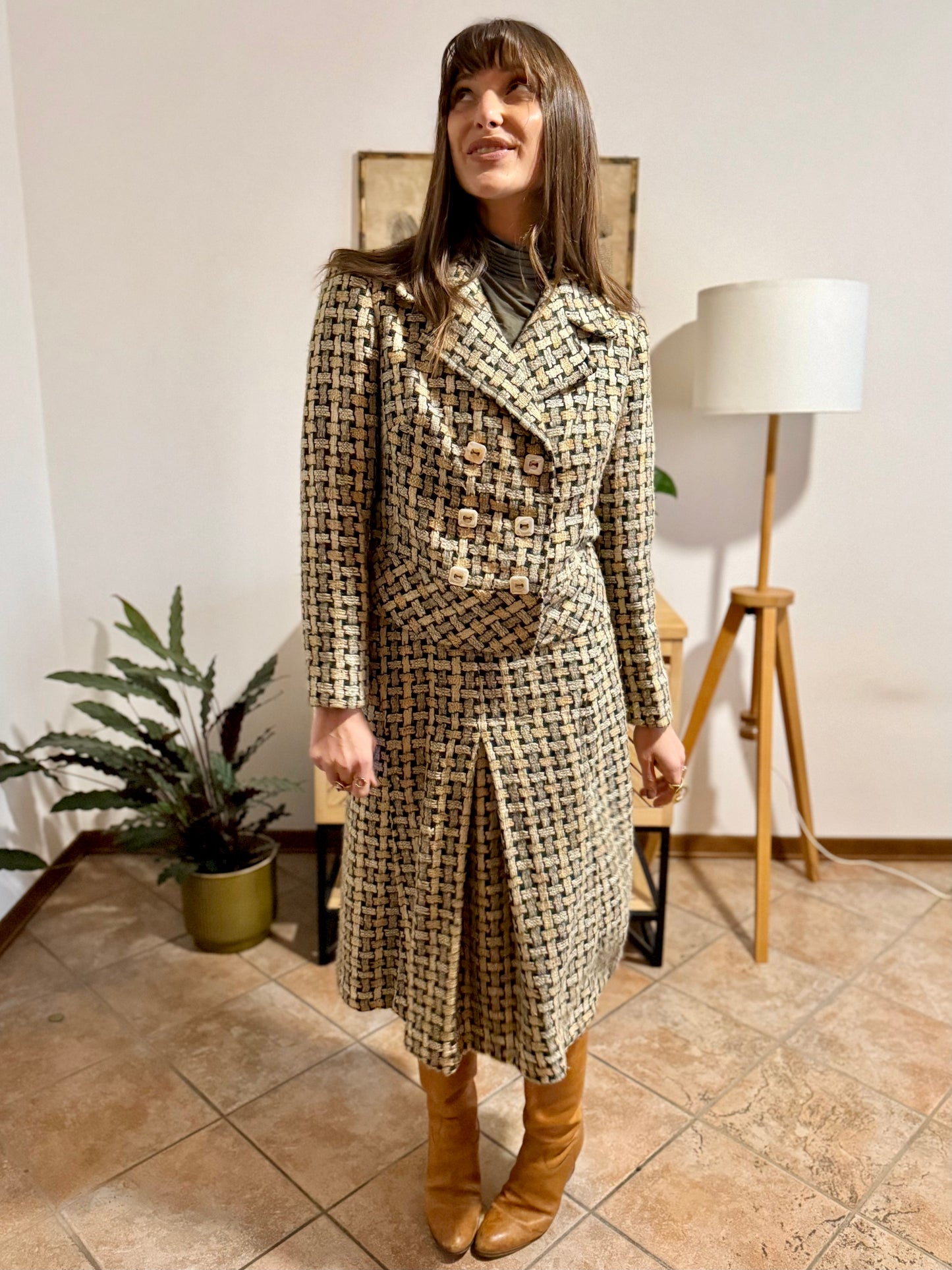 1960's vintage military green and cream tweed wool plaid blazer and skirt set
