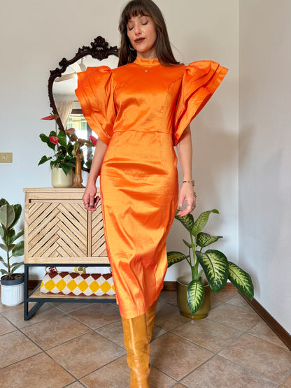 Y2k vintage orange iridescent ruffle sleeve tailored midi dress