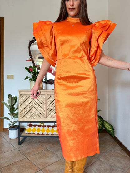 Y2k vintage orange iridescent ruffle sleeve tailored midi dress