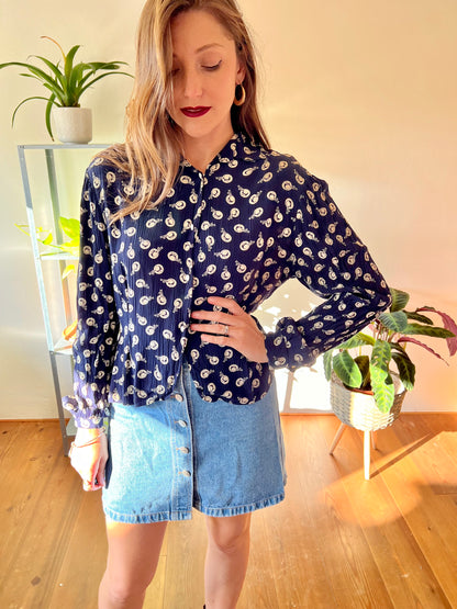 1970's vintage navy blue blouse with hat print