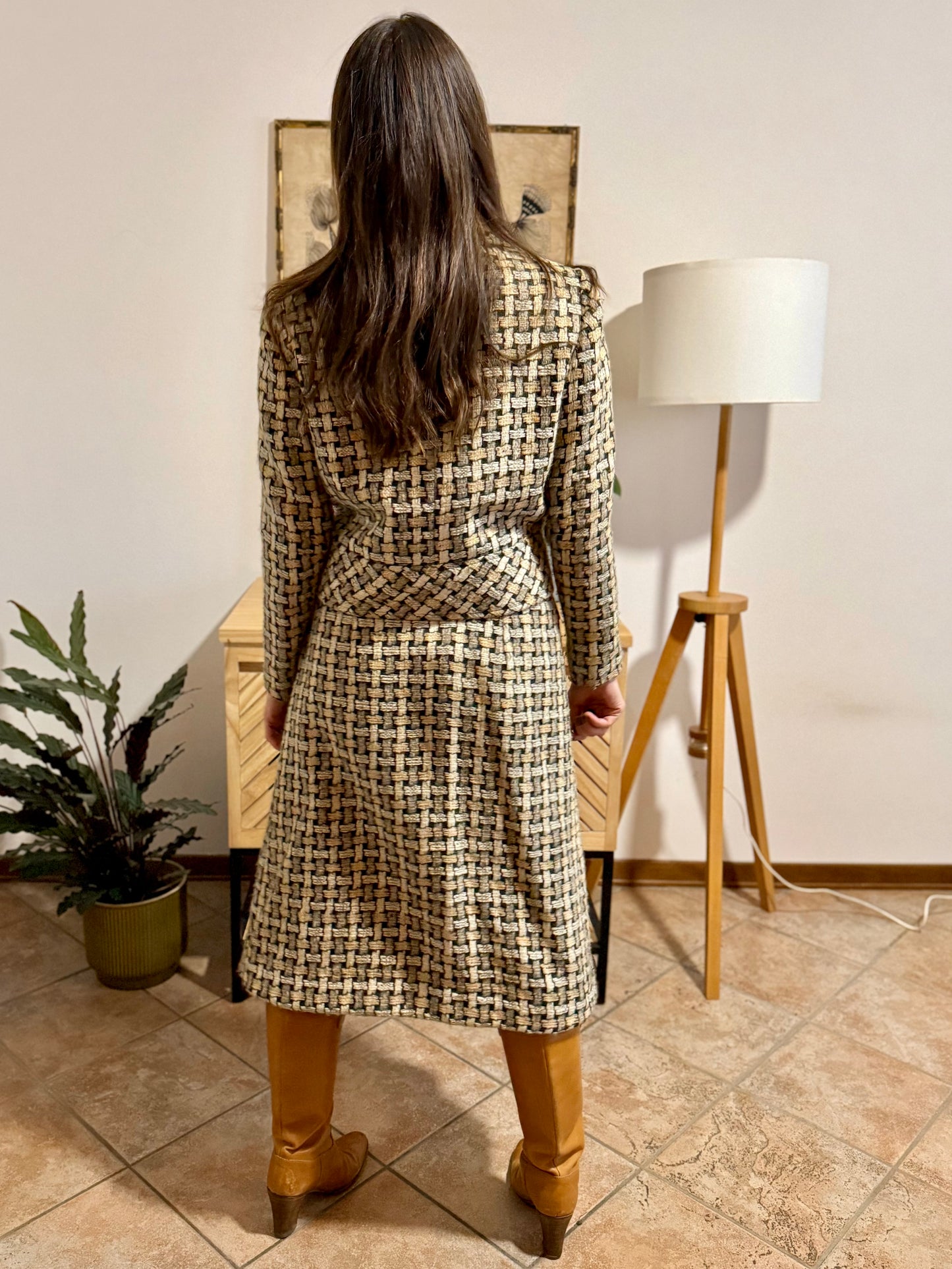 1960's vintage military green and cream tweed wool plaid blazer and skirt set