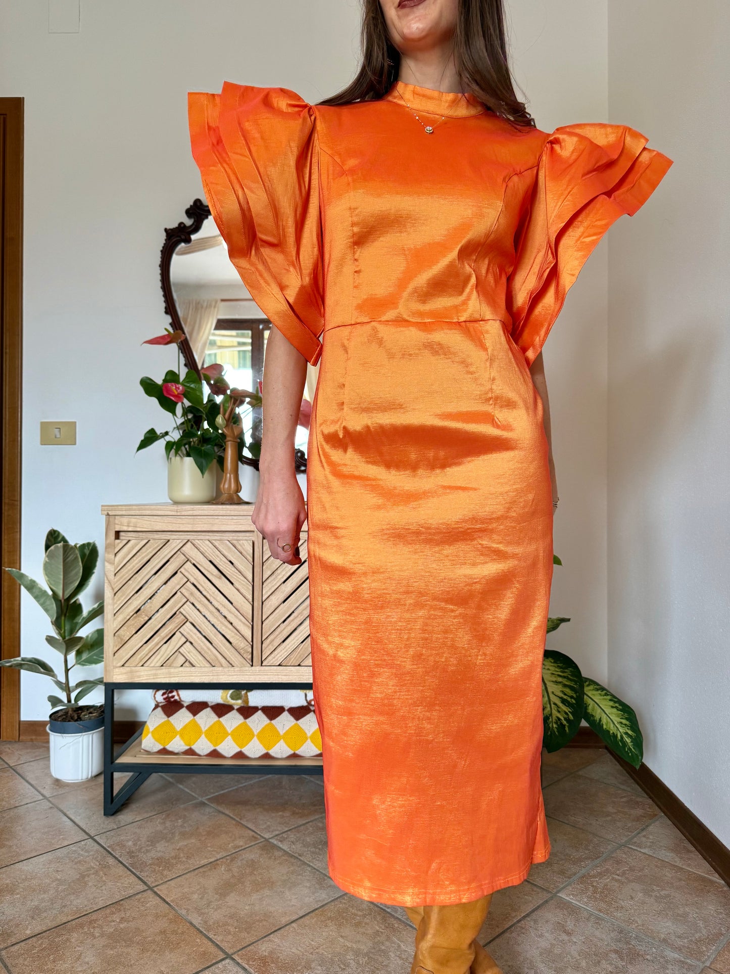 Y2k vintage orange iridescent ruffle sleeve tailored midi dress