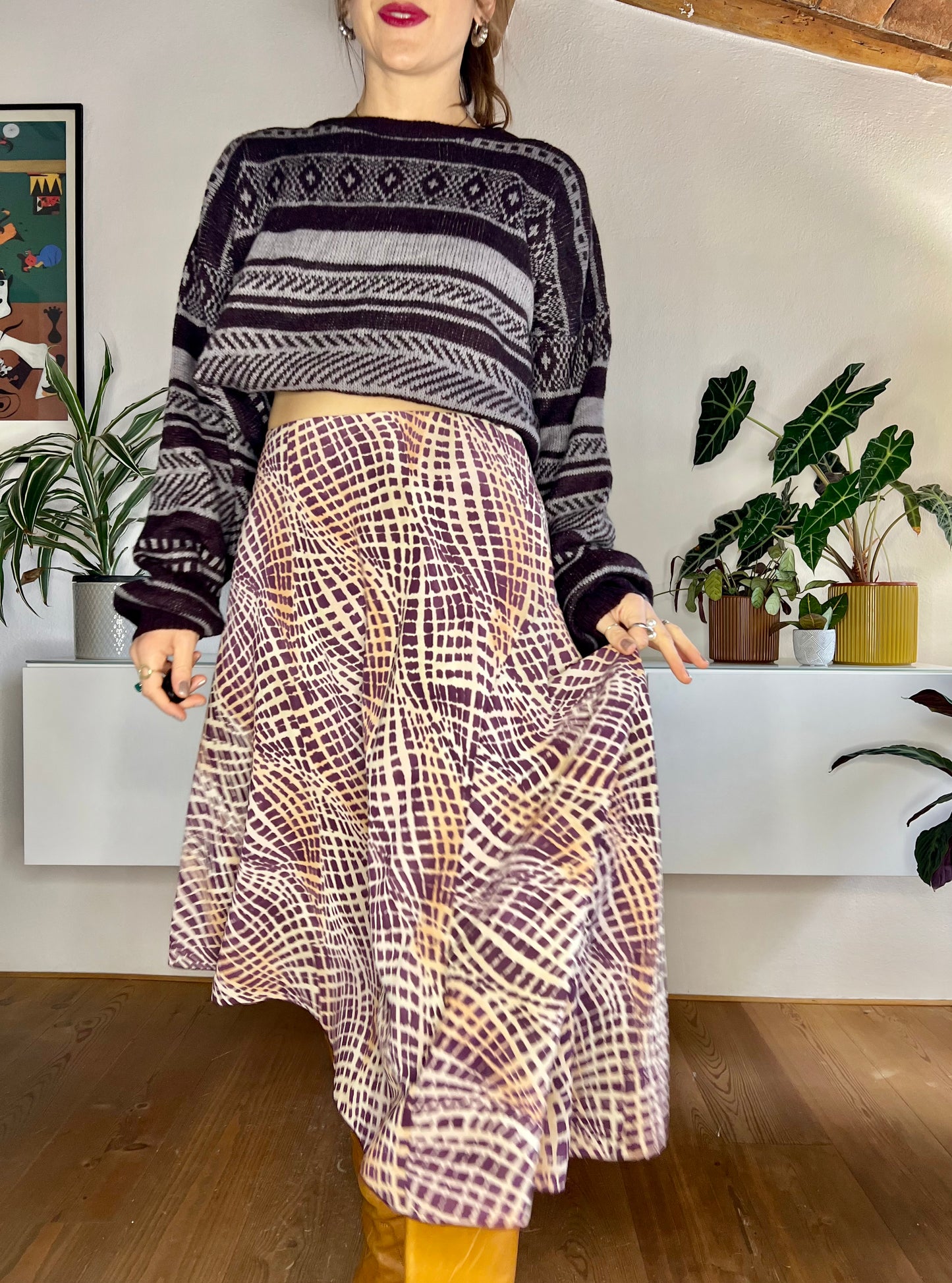 1990's vintage purple and brown asymmetrical geometric print midi skirt