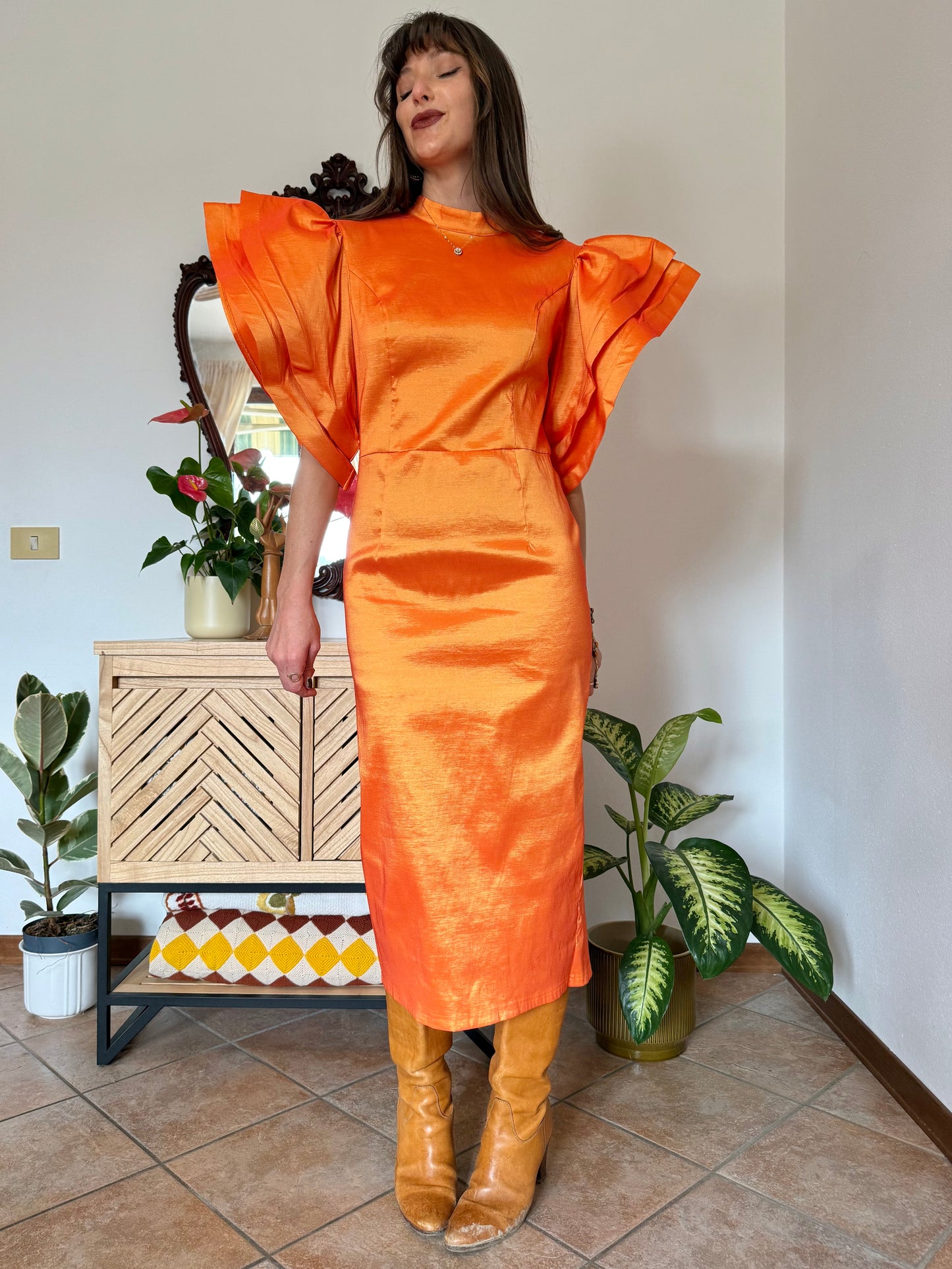 Y2k vintage orange iridescent ruffle sleeve tailored midi dress
