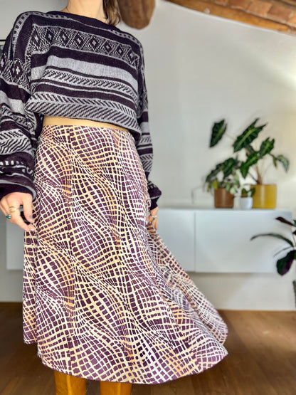 1990's vintage purple and brown asymmetrical geometric print midi skirt