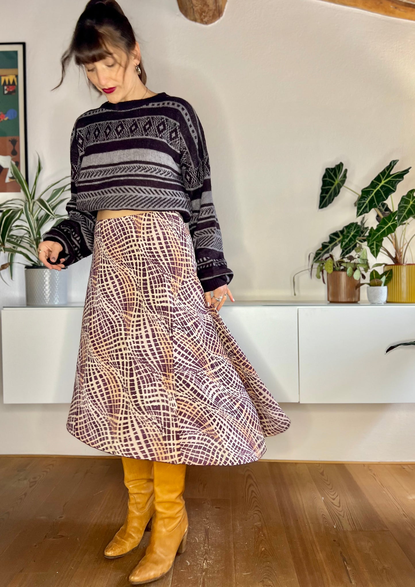 1990's vintage purple and brown asymmetrical geometric print midi skirt