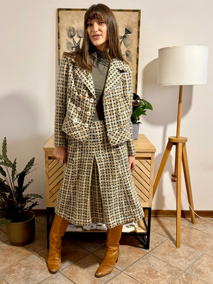 1960's vintage military green and cream tweed wool plaid blazer and skirt set