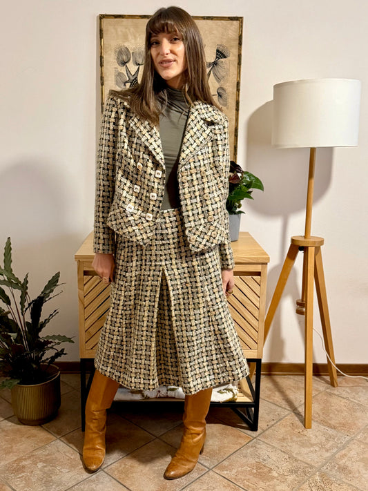 1960's vintage military green and cream tweed wool plaid blazer and skirt set