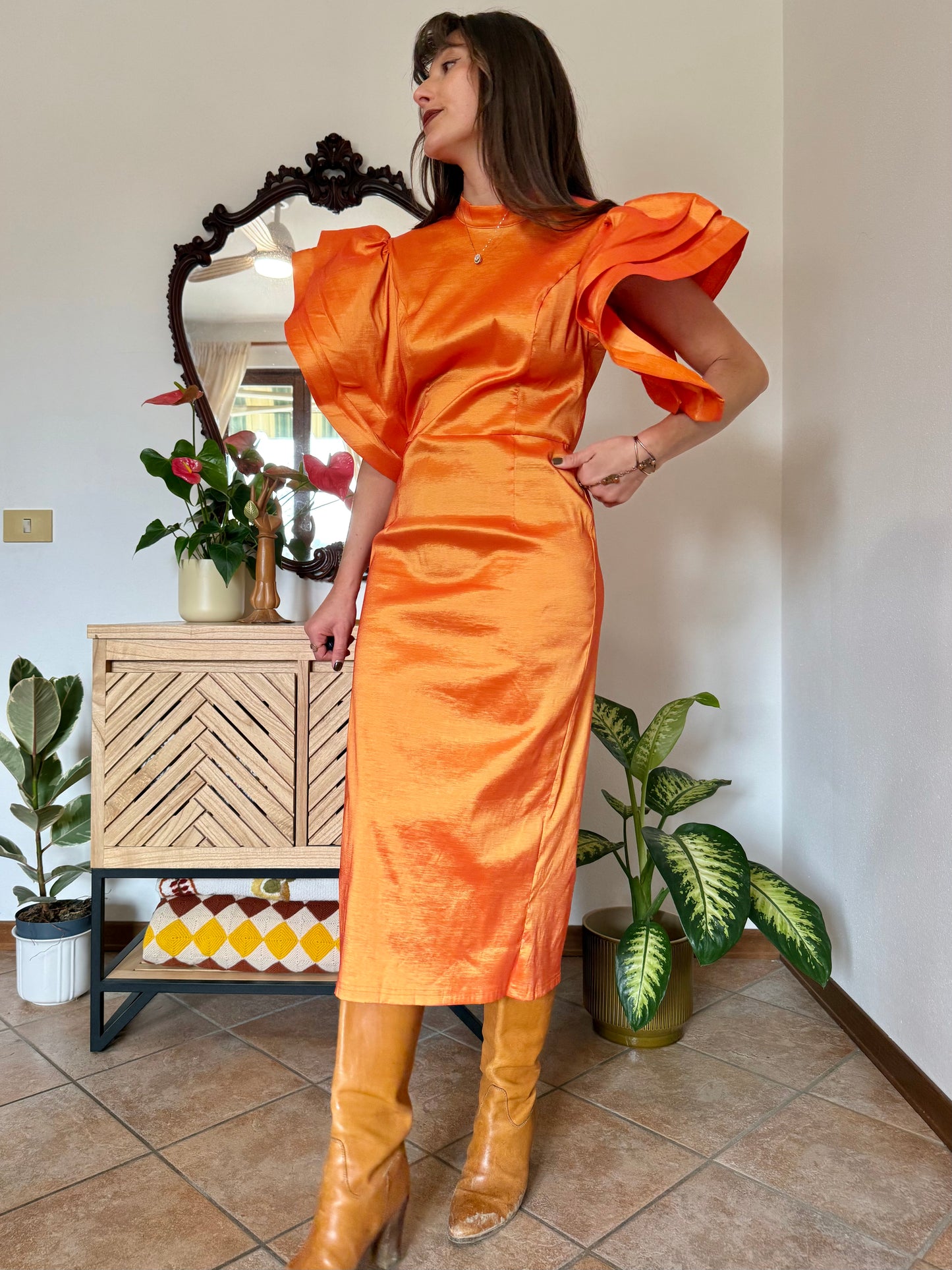 Y2k vintage orange iridescent ruffle sleeve tailored midi dress