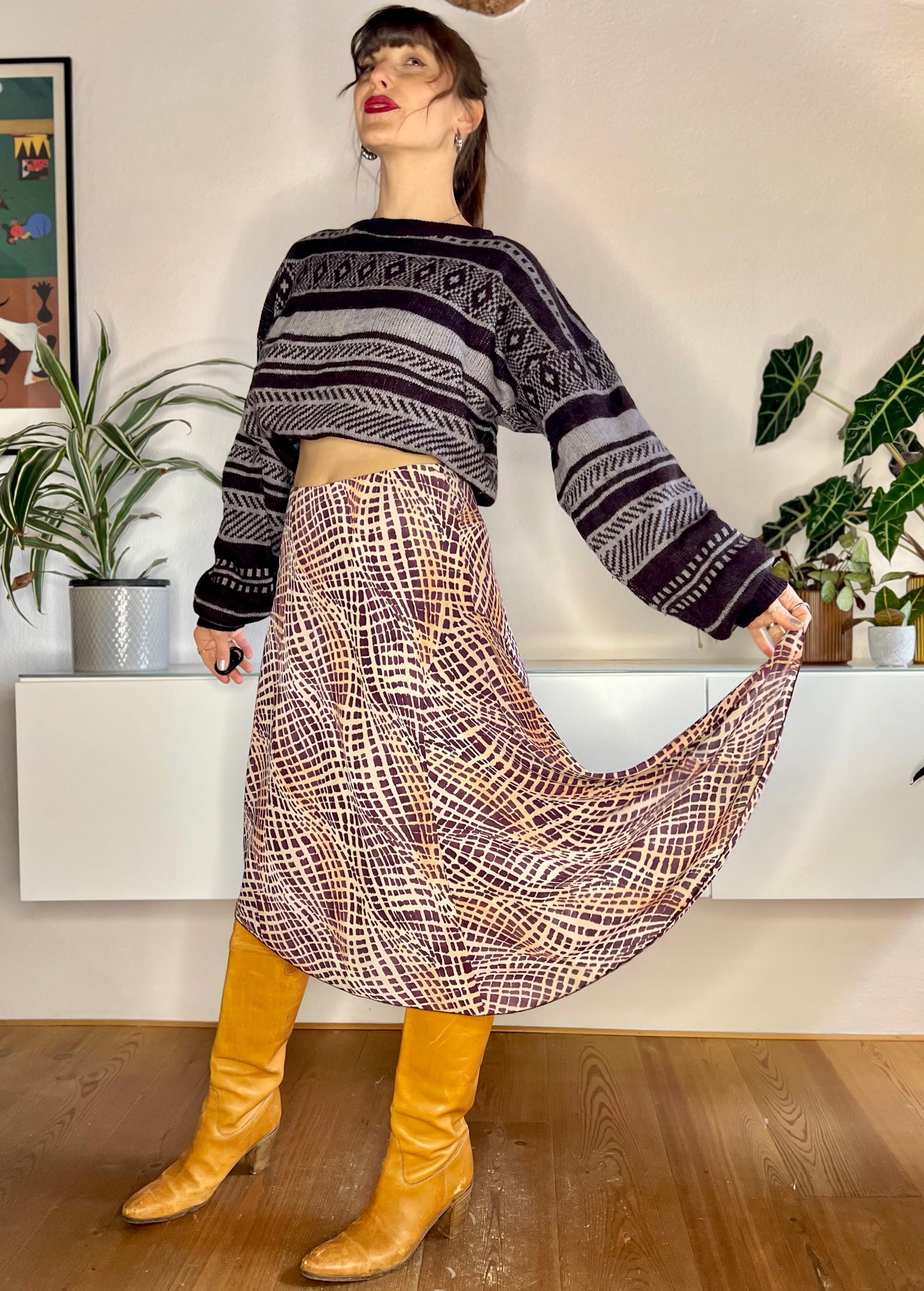 1990's vintage purple and brown asymmetrical geometric print midi skirt