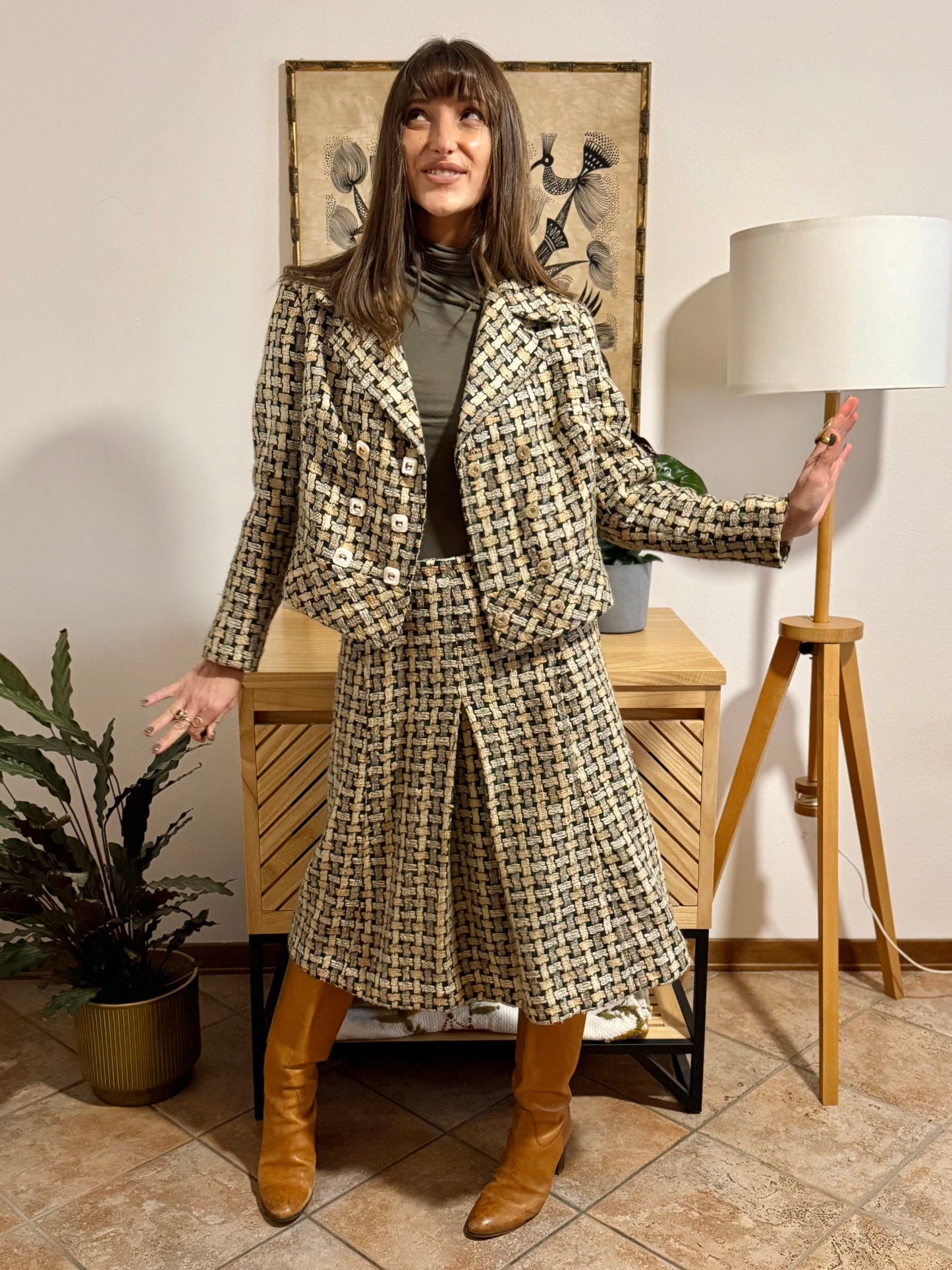 1960's vintage military green and cream tweed wool plaid blazer and skirt set