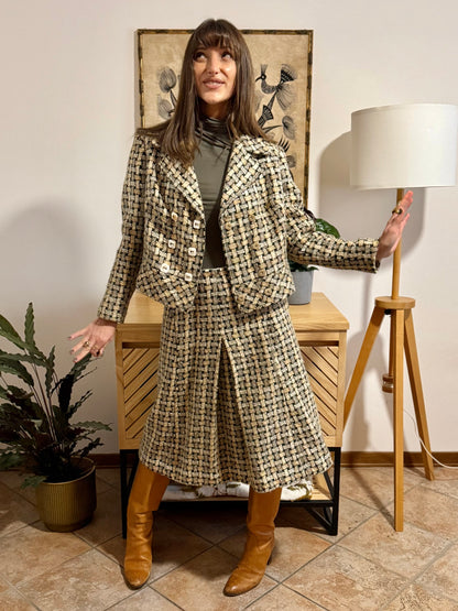 1960's vintage military green and cream tweed wool plaid blazer and skirt set