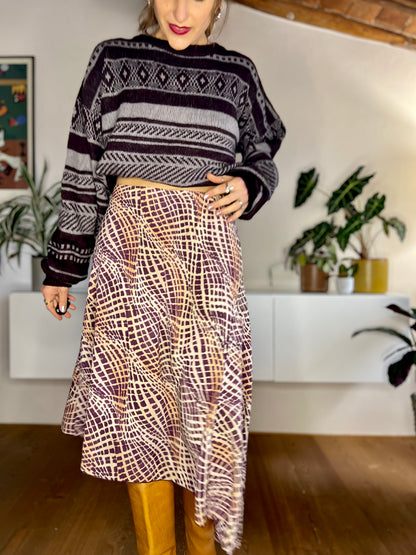 1990's vintage purple and brown asymmetrical geometric print midi skirt