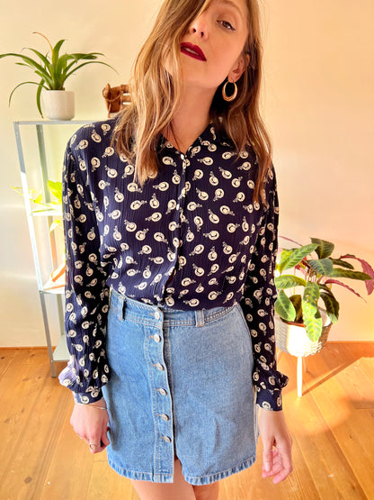 1970's vintage navy blue blouse with hat print