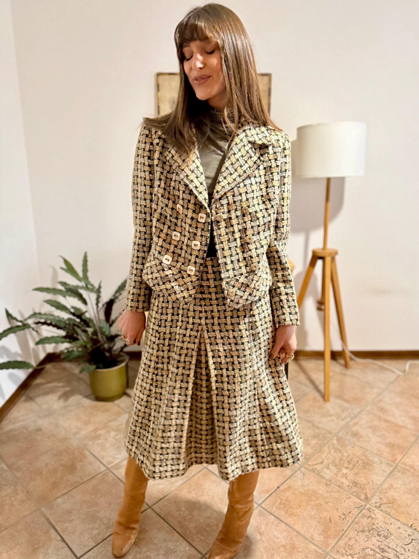 1960's vintage military green and cream tweed wool plaid blazer and skirt set
