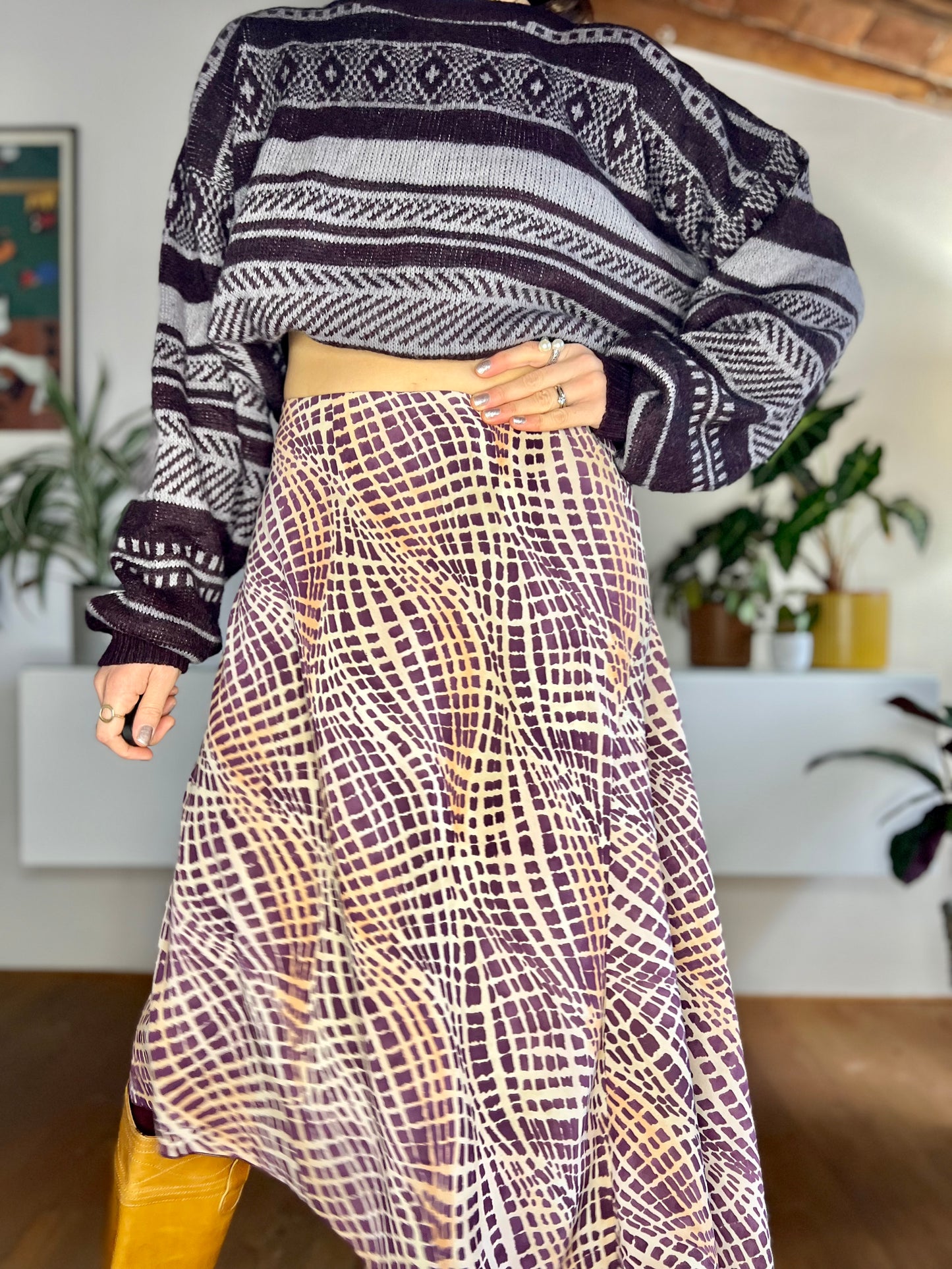 1990's vintage purple and brown asymmetrical geometric print midi skirt