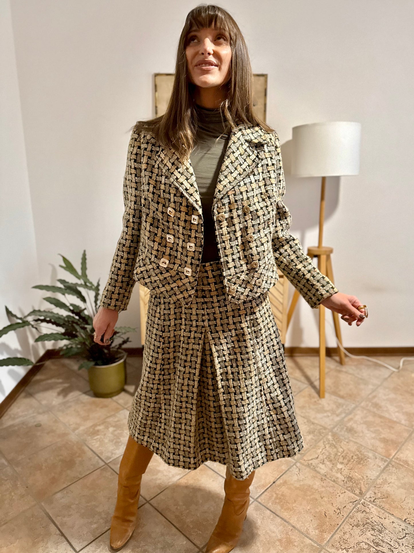 1960's vintage military green and cream tweed wool plaid blazer and skirt set