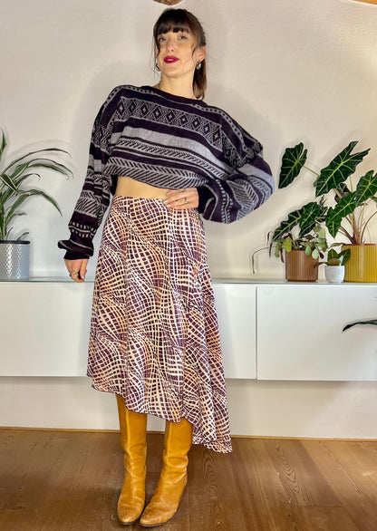 1990's vintage purple and brown asymmetrical geometric print midi skirt