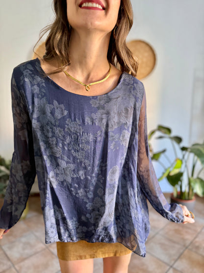 1990's vintage navy blue silk floral blouse with ruffle details