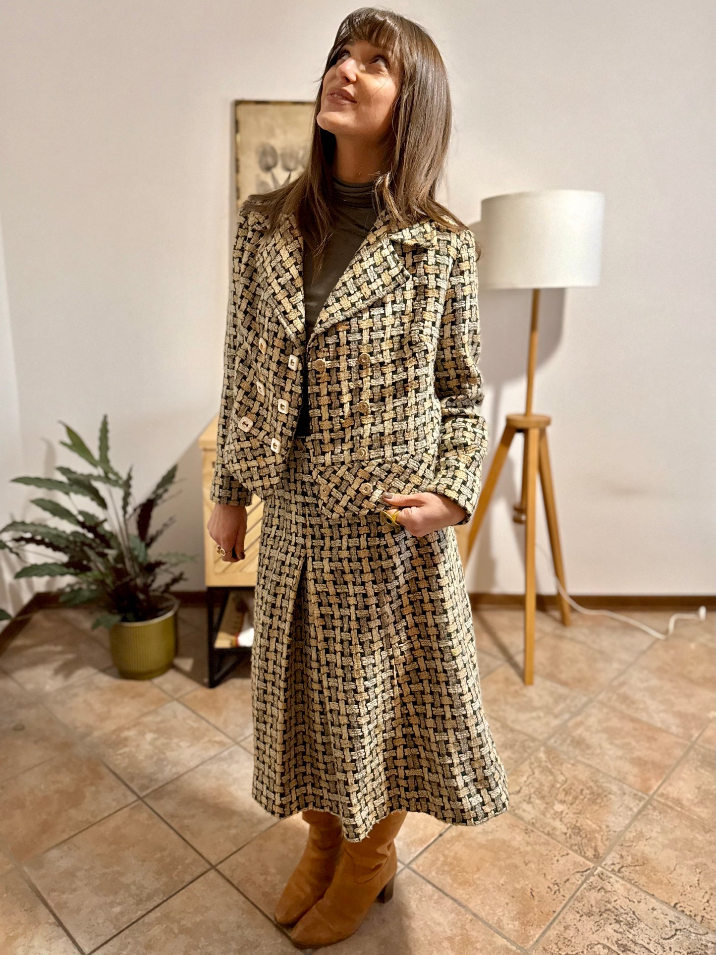 1960's vintage military green and cream tweed wool plaid blazer and skirt set