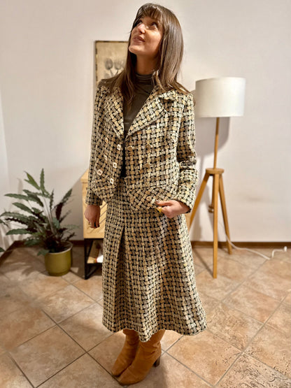 1960's vintage military green and cream tweed wool plaid blazer and skirt set
