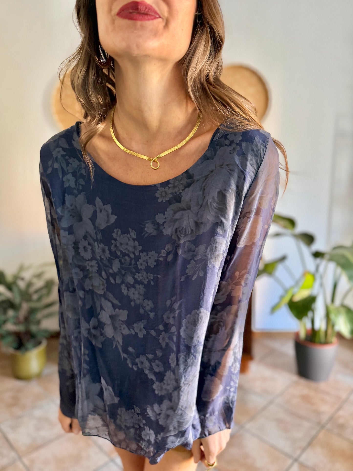1990's vintage navy blue silk floral blouse with ruffle details