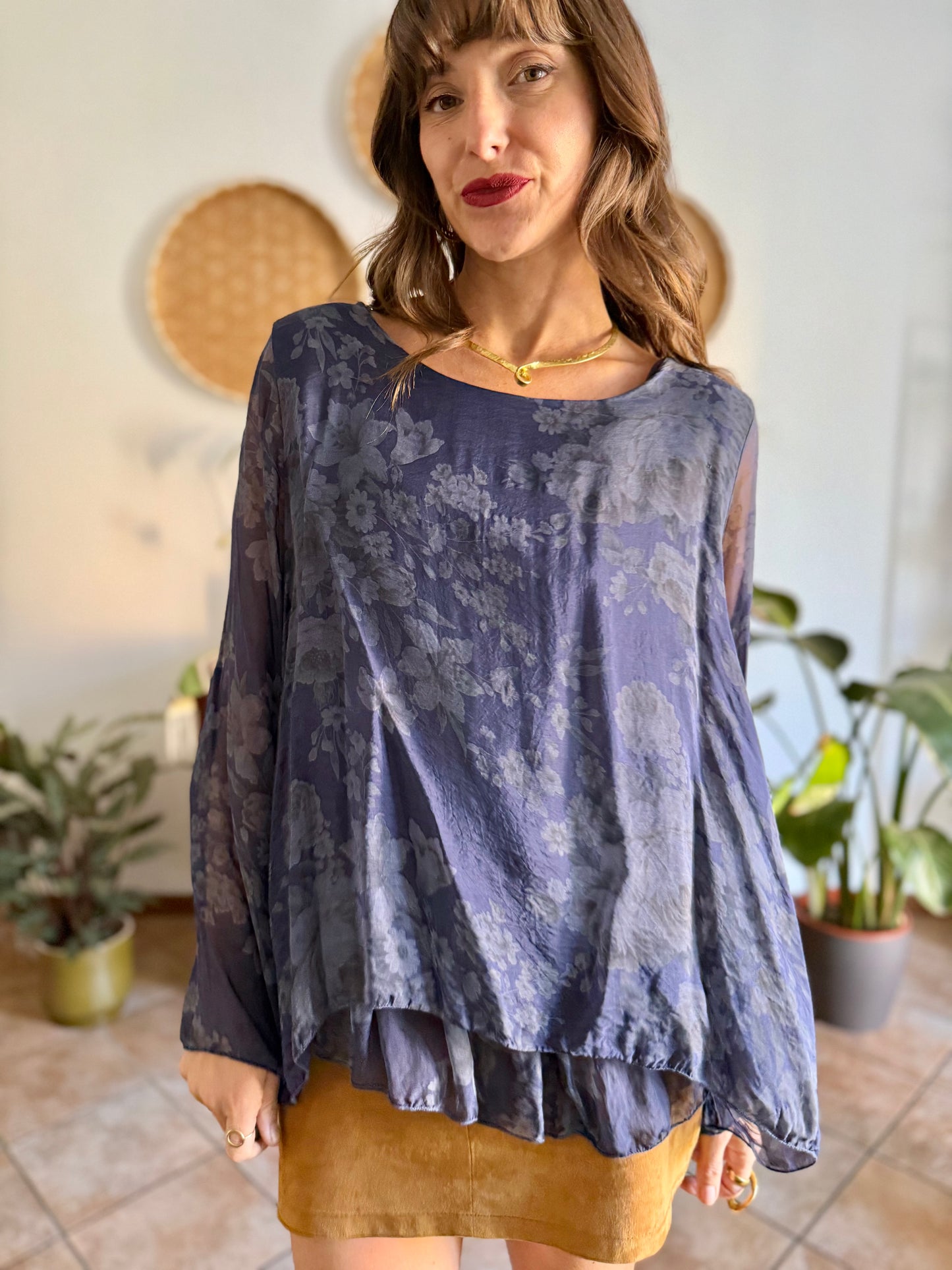 1990's vintage navy blue silk floral blouse with ruffle details