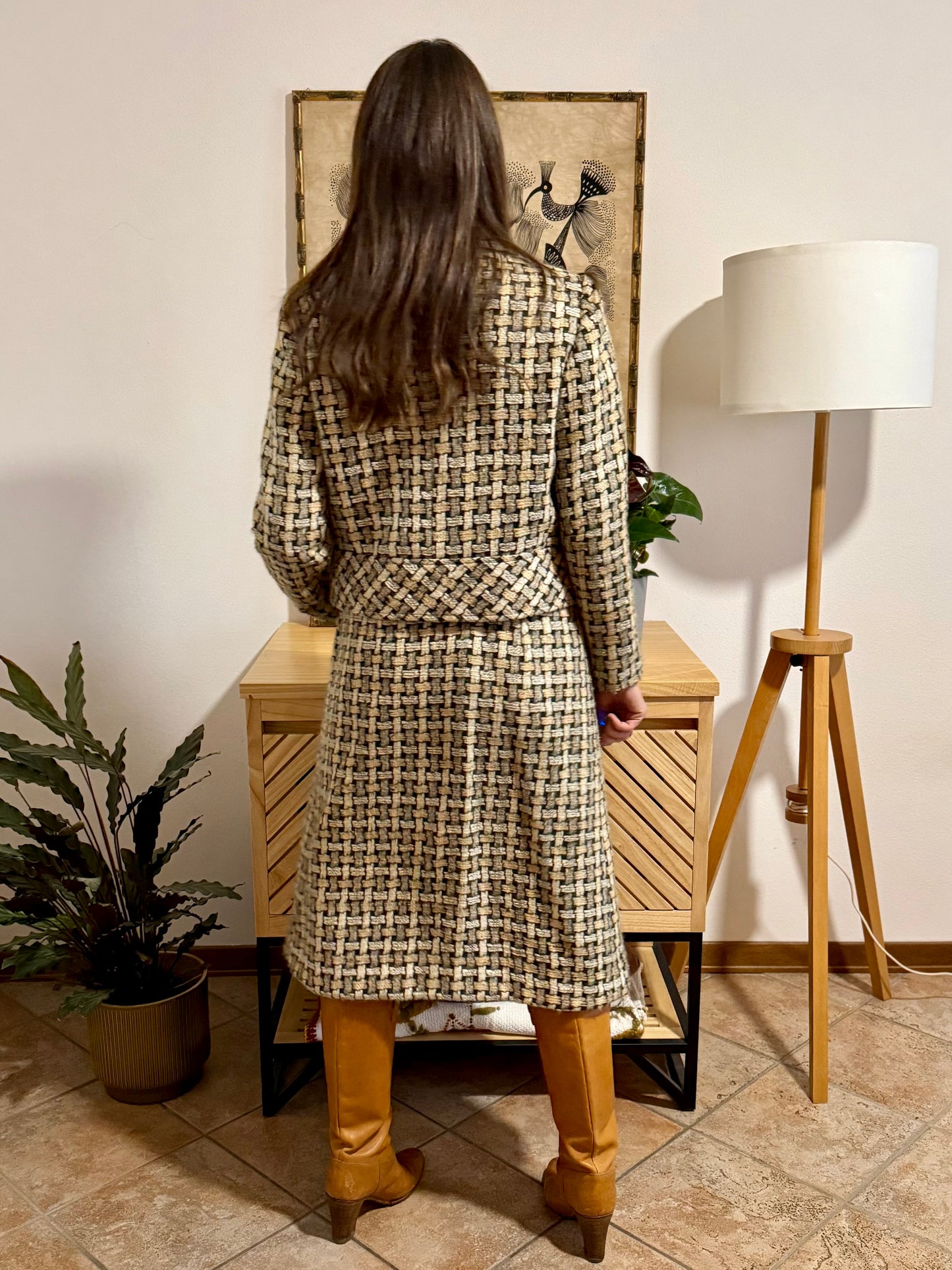 1960's vintage military green and cream tweed wool plaid blazer and skirt set