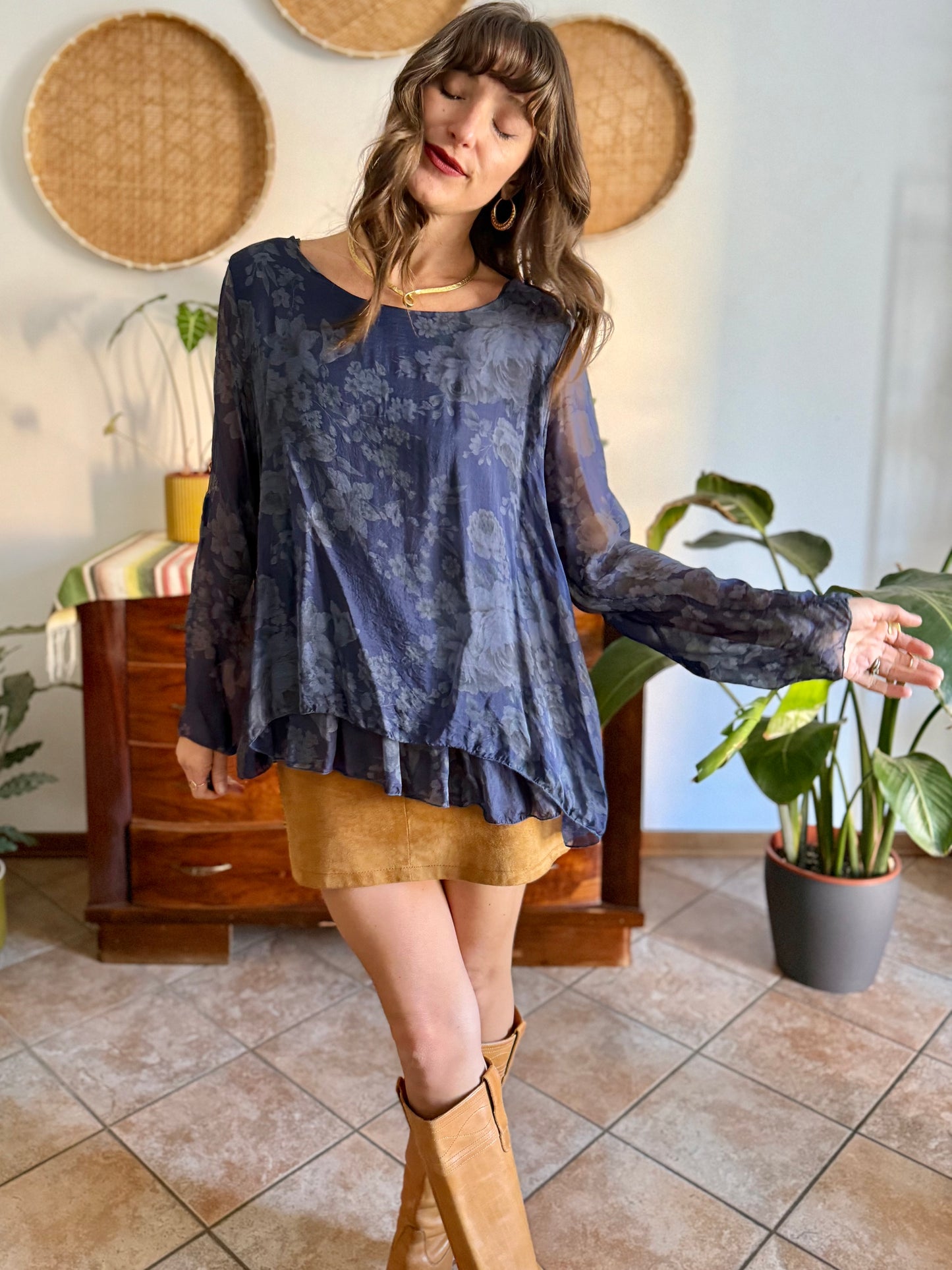 1990's vintage navy blue silk floral blouse with ruffle details