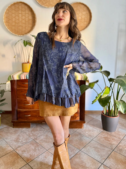 1990's vintage navy blue silk floral blouse with ruffle details