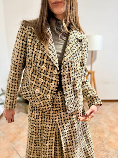 1960's vintage military green and cream tweed wool plaid blazer and skirt set