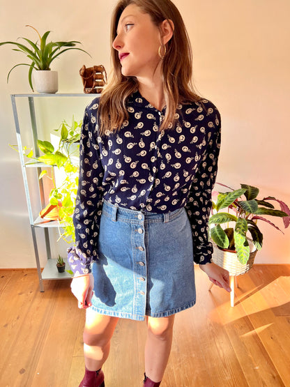 1970's vintage navy blue blouse with hat print