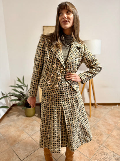 1960's vintage military green and cream tweed wool plaid blazer and skirt set