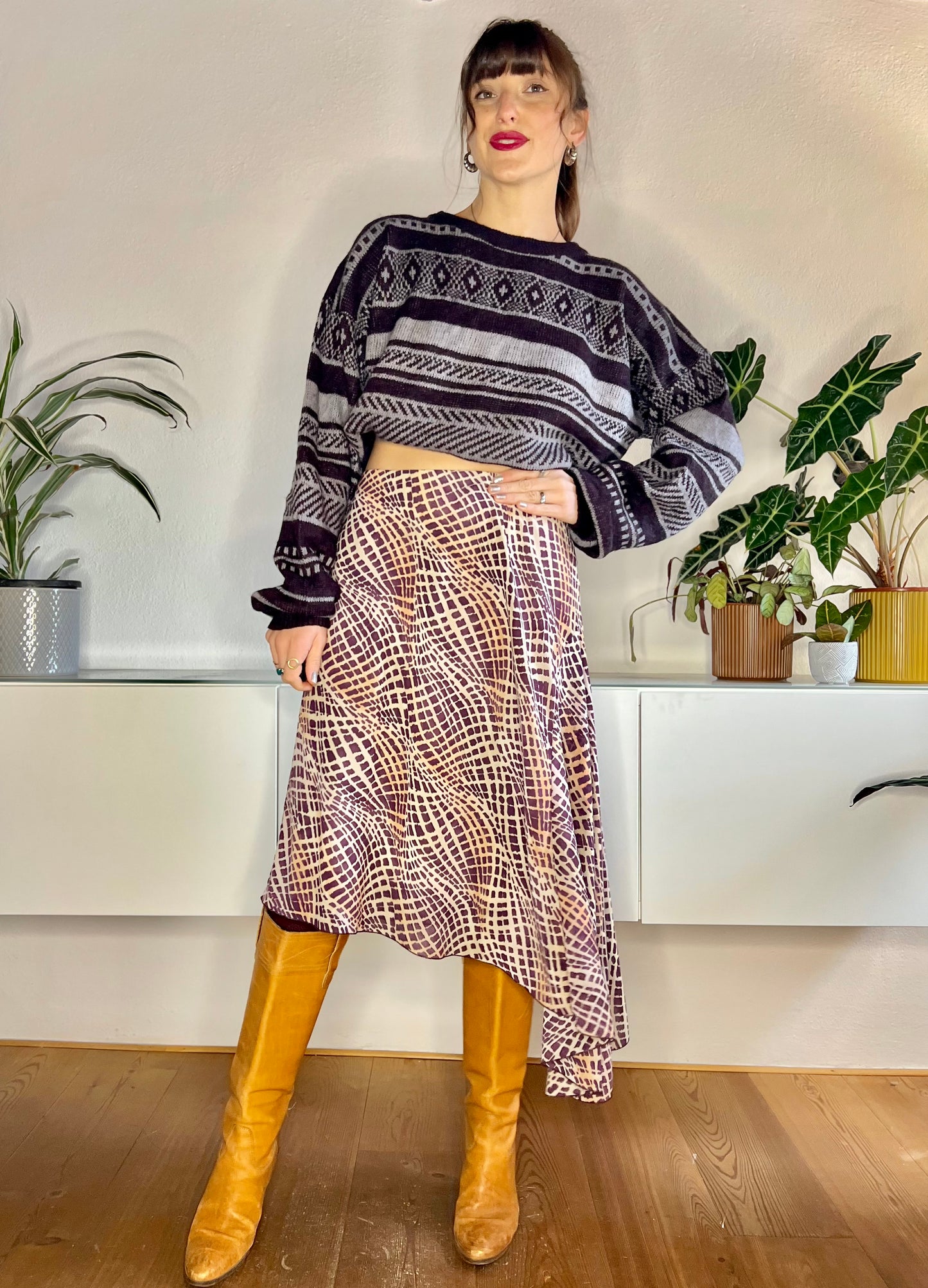 1990's vintage purple and brown asymmetrical geometric print midi skirt