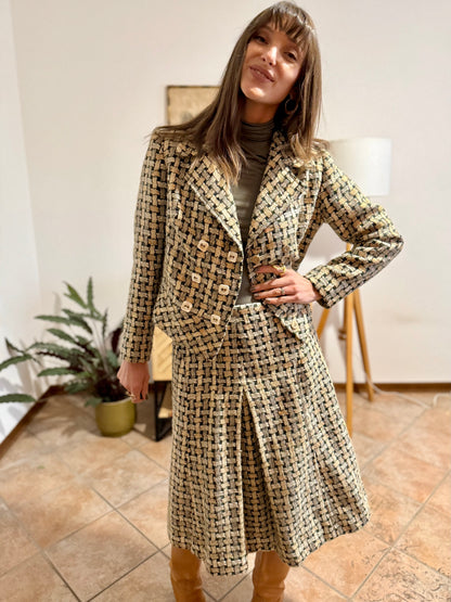1960's vintage military green and cream tweed wool plaid blazer and skirt set